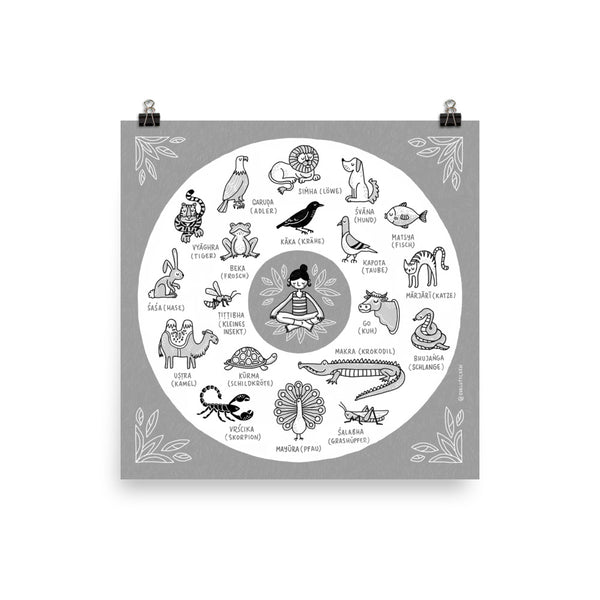 Illustrierte Yoga-Asana Sanskrit Wörter (Deutsch) – Giclée Druck - Eva-Lotta's Shop